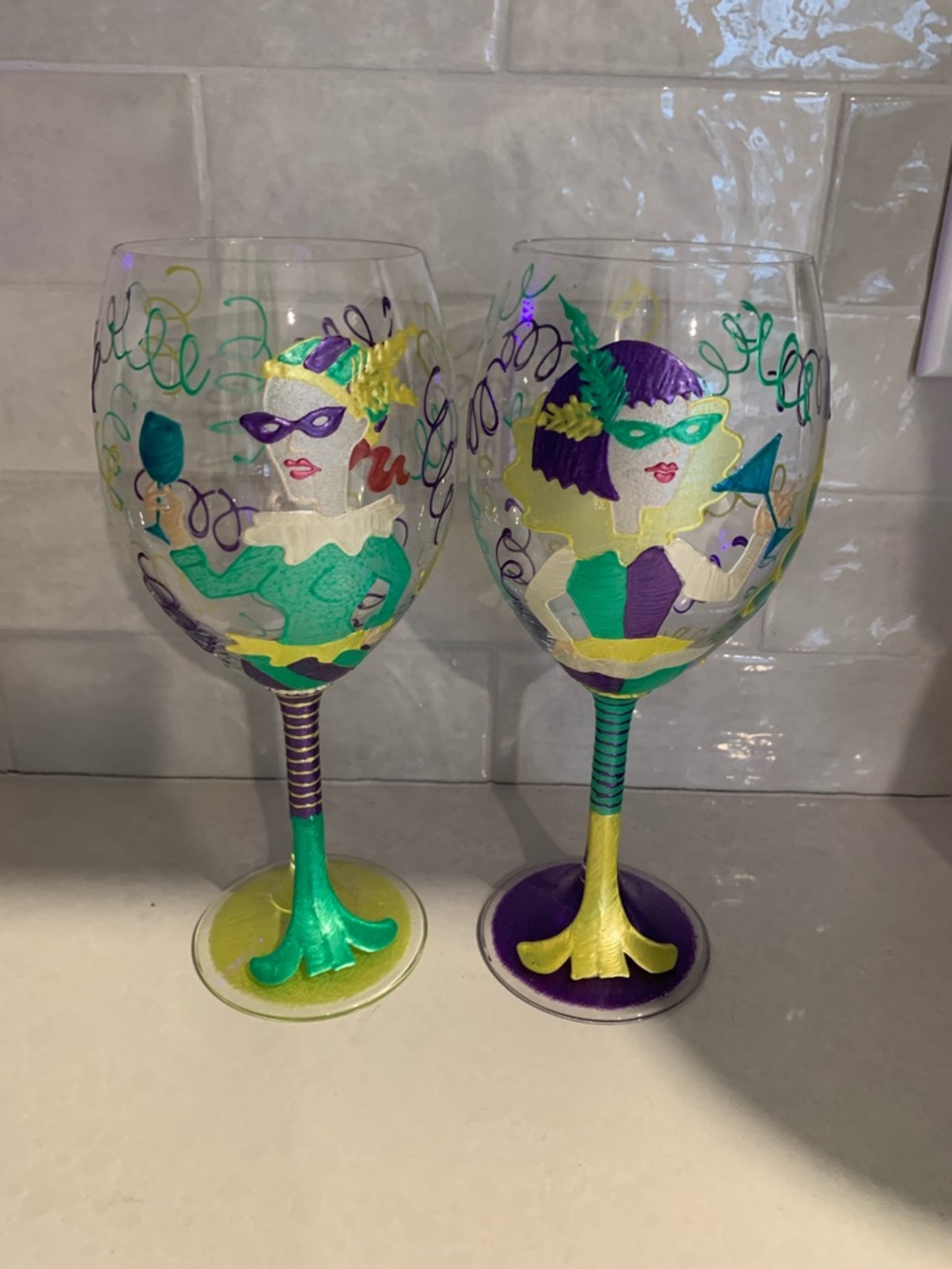 Mardi Gras Hand-Painted Wine Glasses in Green, Purple & Gold by Vicci